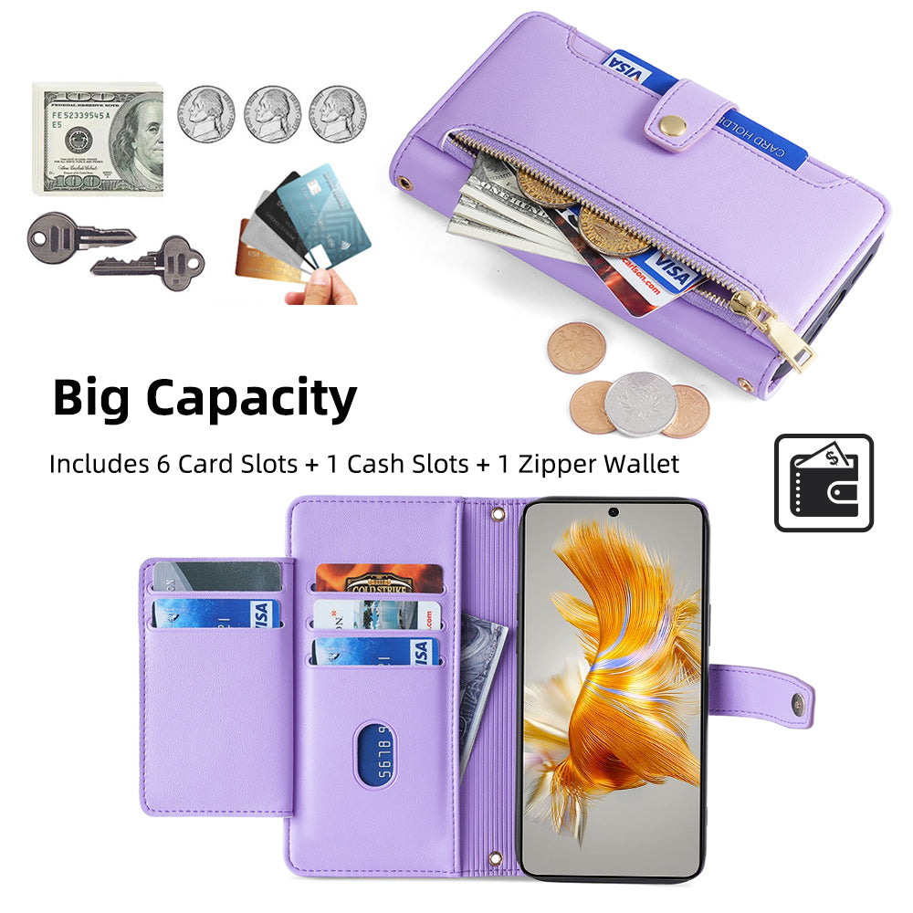 For Huawei Mate 50 4G PU Leather Hands-free Stand Case Zipper Pocket Card Slots Flip Phone Cover with Wrist Strap and Shoulder Strap