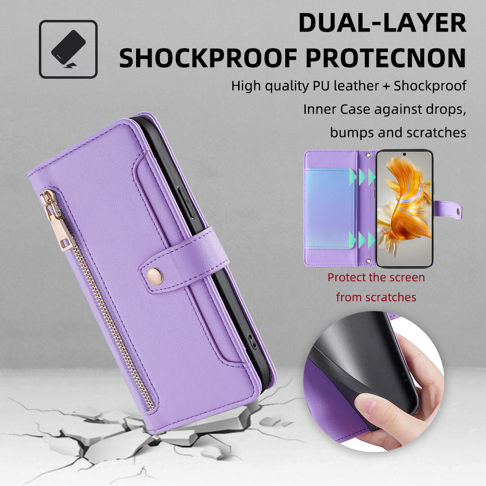 For Huawei Mate 50 4G PU Leather Hands-free Stand Case Zipper Pocket Card Slots Flip Phone Cover with Wrist Strap and Shoulder Strap