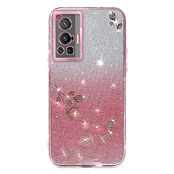 For vivo X70 Pro Rhinestone Decor Flower Pattern TPU Protective Case Gradient Glitter Powder Phone Anti-scratch Cover