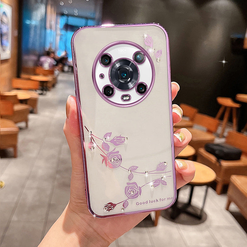 For Honor Magic4 Pro 5G Shock-absorbing Flower Pattern Phone Cover Rhinestone Decor TPU Electroplating Phone Case