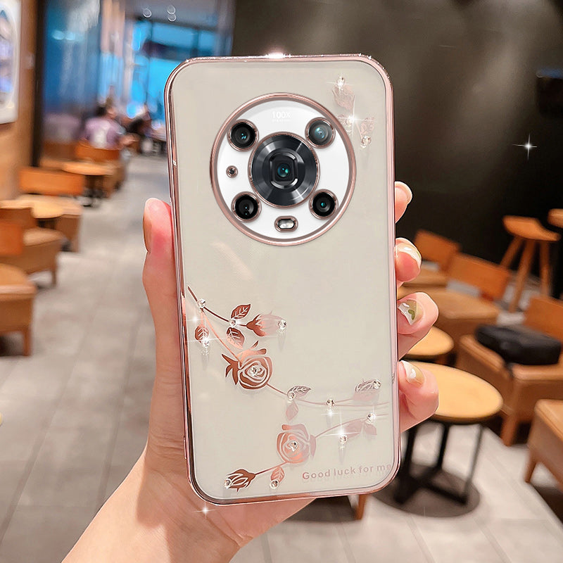 For Honor Magic4 Pro 5G Shock-absorbing Flower Pattern Phone Cover Rhinestone Decor TPU Electroplating Phone Case