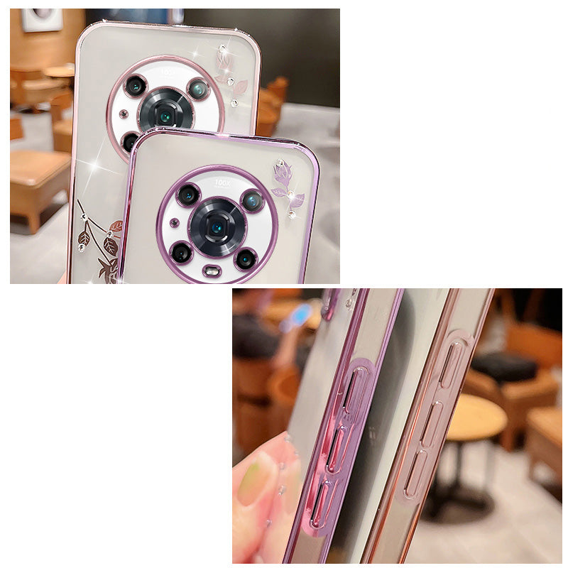For Honor Magic4 Pro 5G Shock-absorbing Flower Pattern Phone Cover Rhinestone Decor TPU Electroplating Phone Case