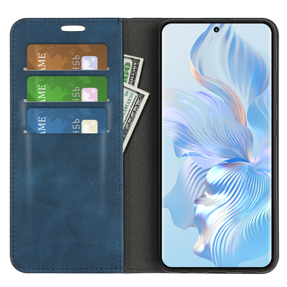 For Honor 80 5G Skin-touch Feeling Magnetic Auto-absorbed Wallet Case PU Leather Stand Flip Phone Cover