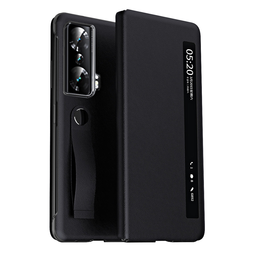 For Honor Magic Vs 5G View Window PU Leather+PC Flip Case Stand Cover with Portable Hand Grip Strap