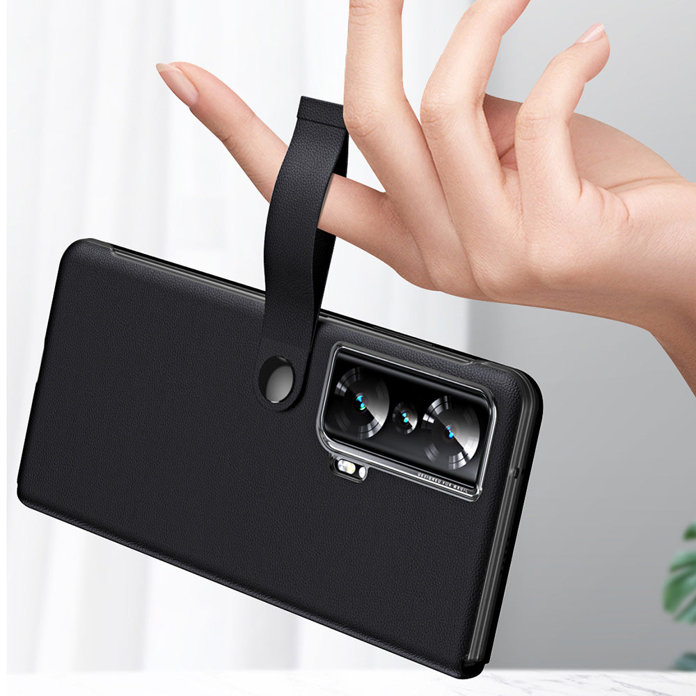 For Honor Magic Vs 5G View Window PU Leather+PC Flip Case Stand Cover with Portable Hand Grip Strap