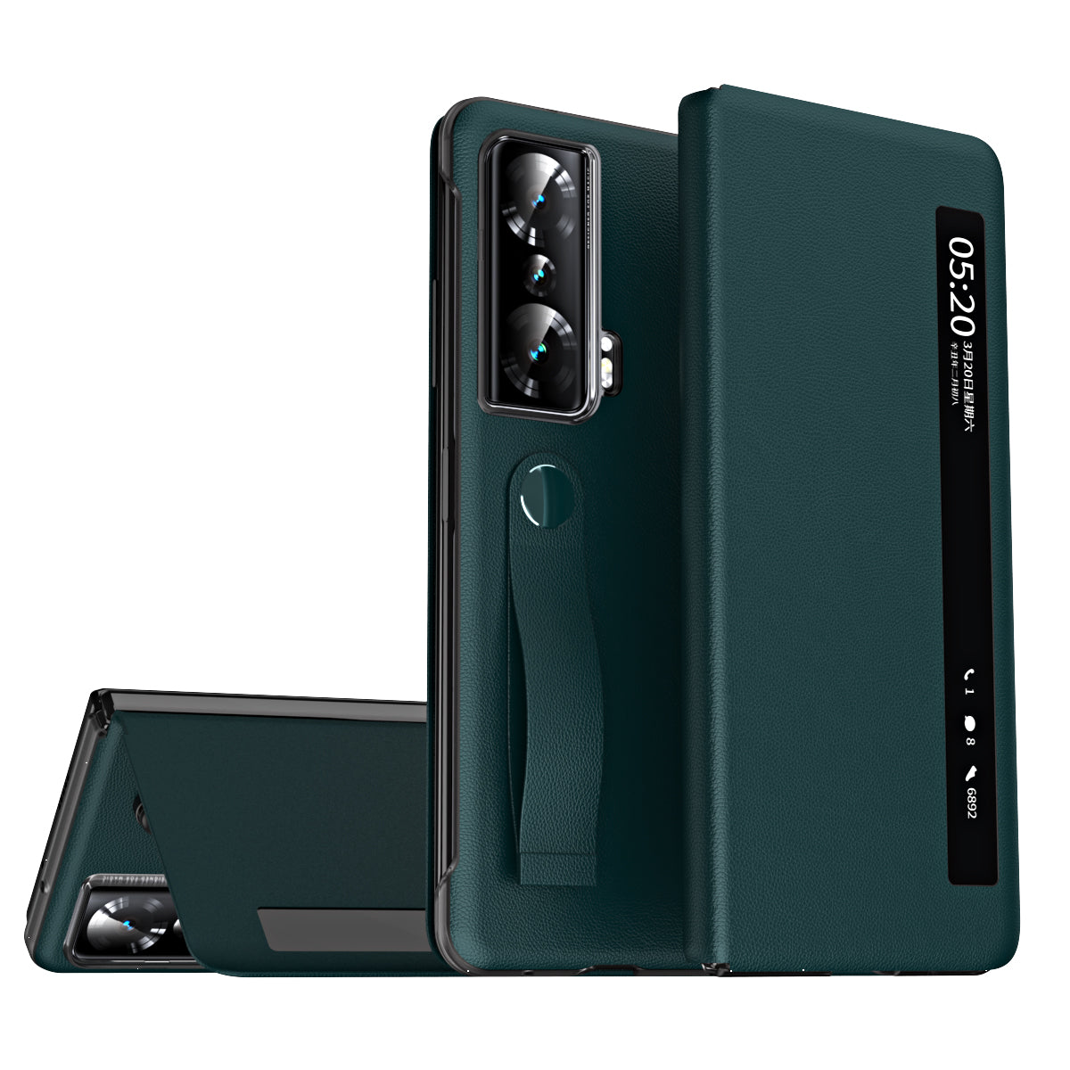 For Honor Magic Vs 5G View Window PU Leather+PC Flip Case Stand Cover with Portable Hand Grip Strap