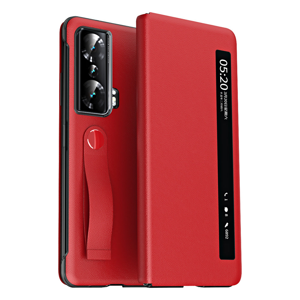 For Honor Magic Vs 5G View Window PU Leather+PC Flip Case Stand Cover with Portable Hand Grip Strap