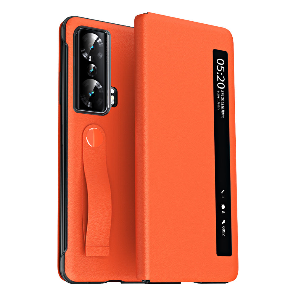 For Honor Magic Vs 5G View Window PU Leather+PC Flip Case Stand Cover with Portable Hand Grip Strap