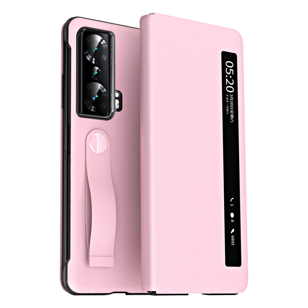 For Honor Magic Vs 5G View Window PU Leather+PC Flip Case Stand Cover with Portable Hand Grip Strap