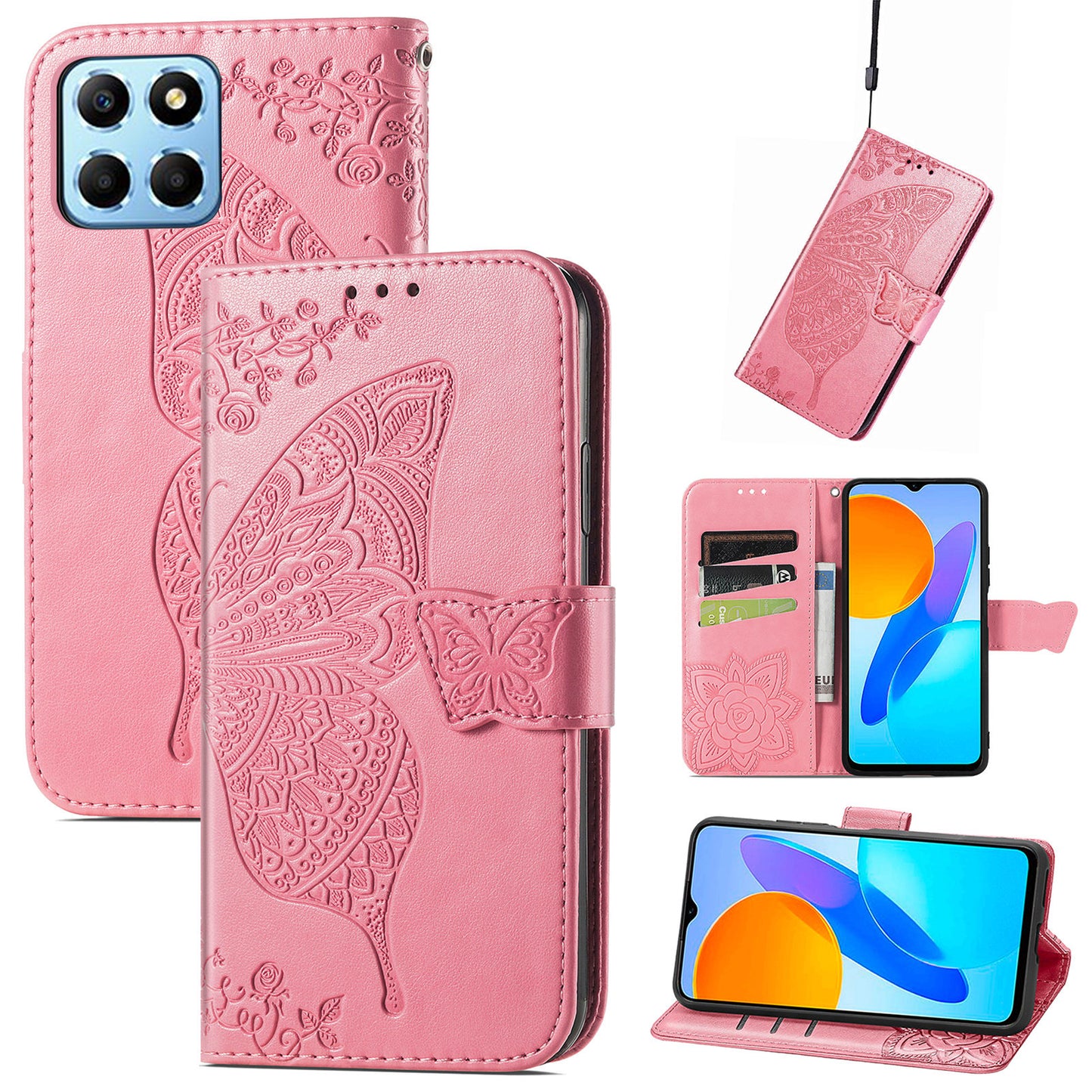 For Honor X8 5G PU Leather Protective Phone Case Imprinted Butterfly Pattern Shockproof Flip Phone Cover with Stand Wallet