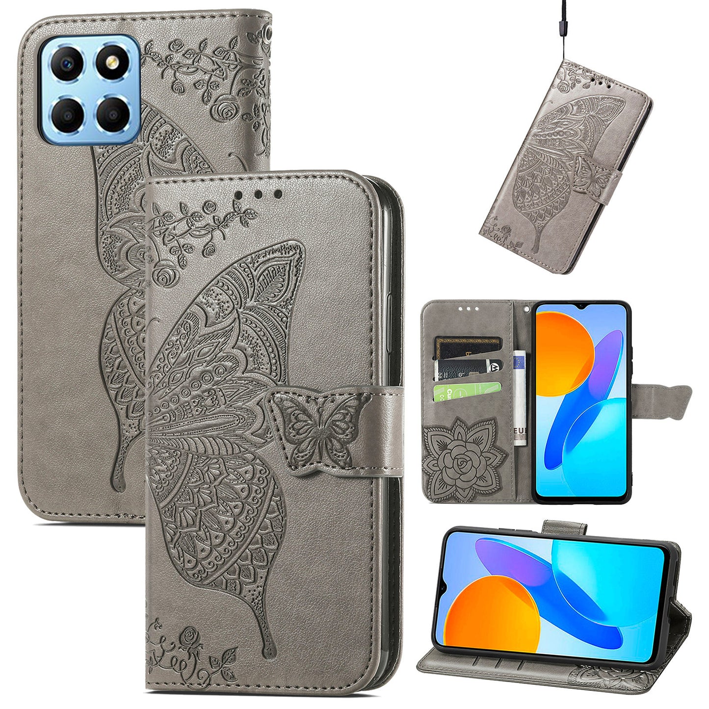 For Honor X8 5G PU Leather Protective Phone Case Imprinted Butterfly Pattern Shockproof Flip Phone Cover with Stand Wallet