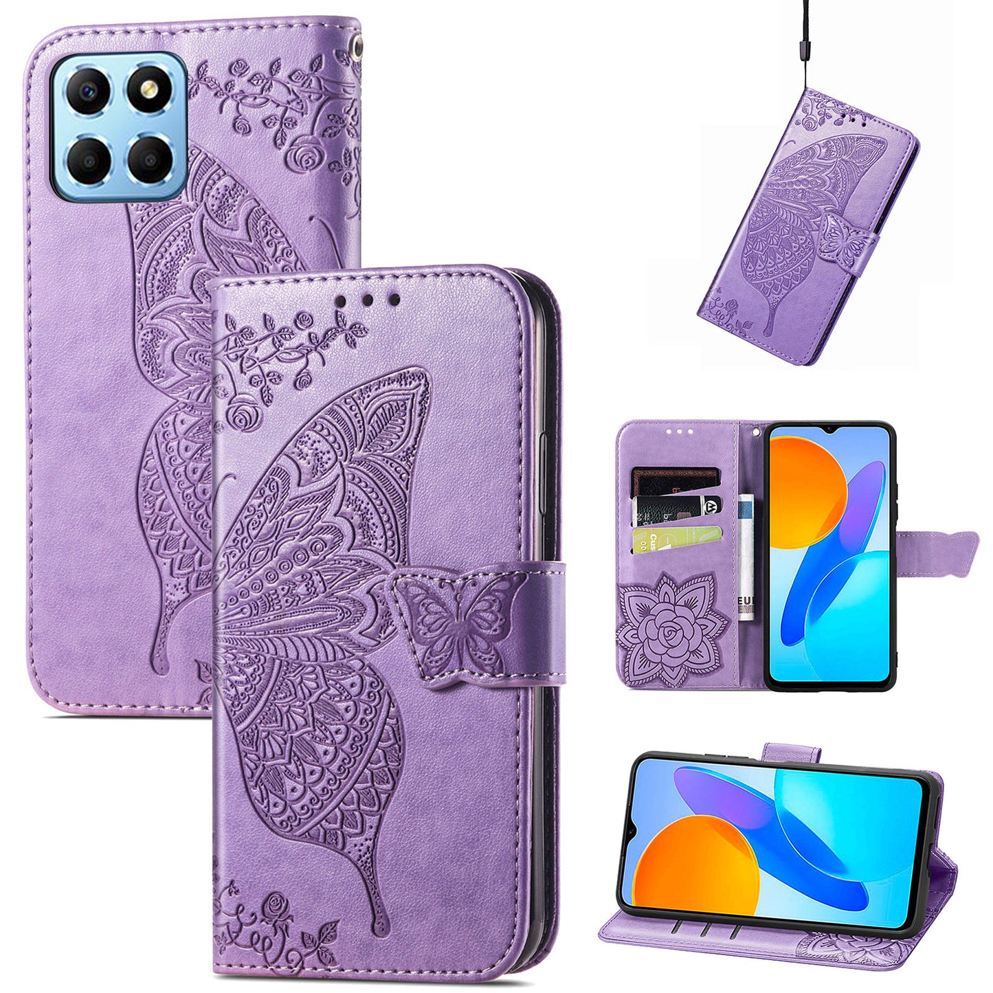 For Honor X8 5G PU Leather Protective Phone Case Imprinted Butterfly Pattern Shockproof Flip Phone Cover with Stand Wallet