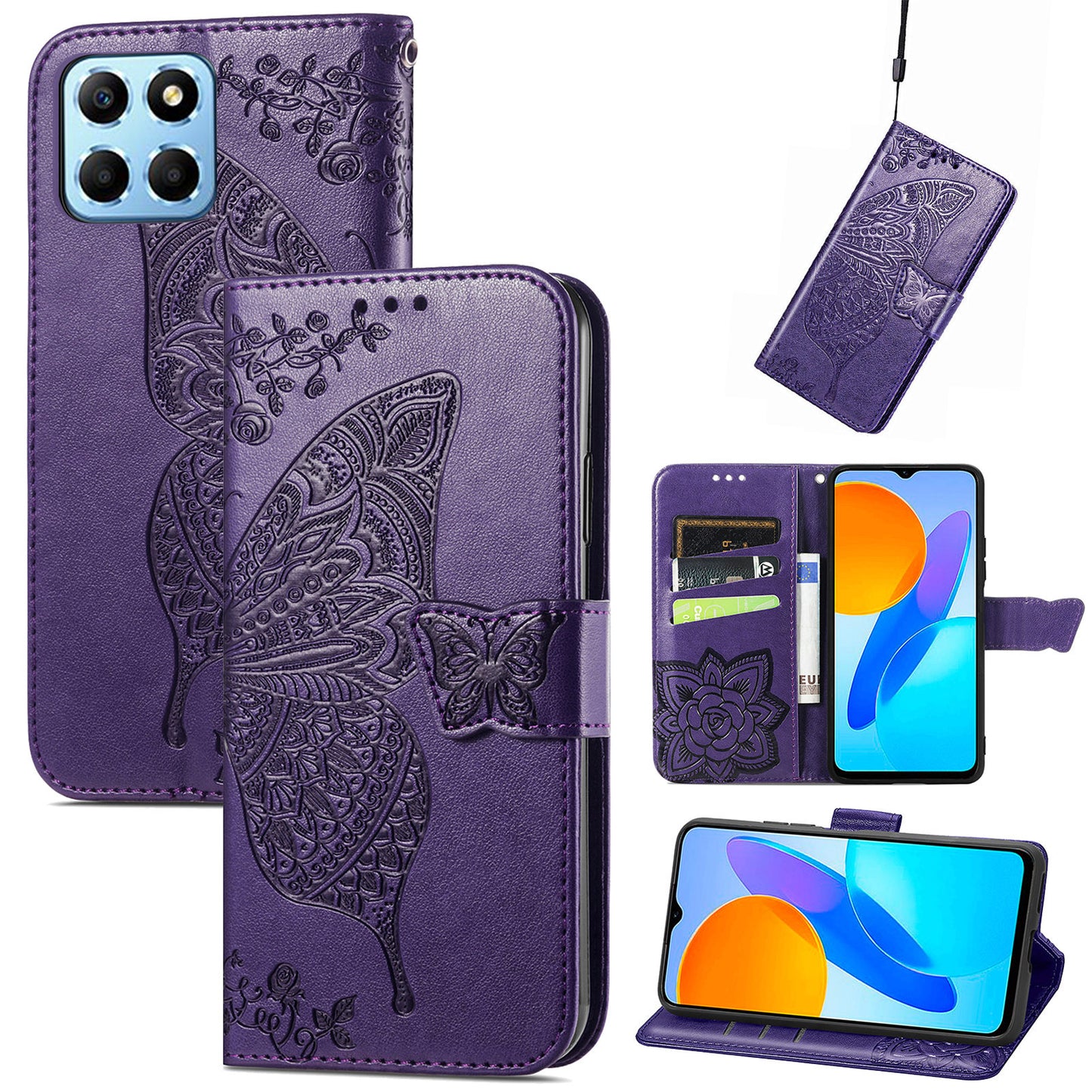 For Honor X8 5G PU Leather Protective Phone Case Imprinted Butterfly Pattern Shockproof Flip Phone Cover with Stand Wallet