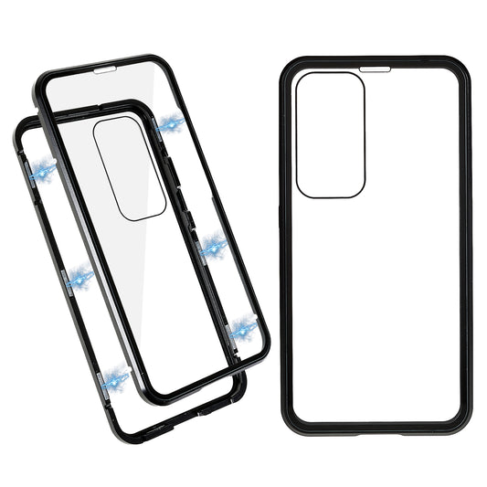 Double Sided Clear Tempered Glass Phone Case for Samsung Galaxy S23 , Magnet Absorption Metal Bumper Frame Shockproof Cover