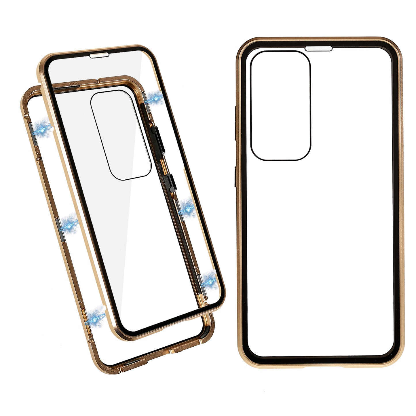 Double Sided Clear Tempered Glass Phone Case for Samsung Galaxy S23 , Magnet Absorption Metal Bumper Frame Shockproof Cover