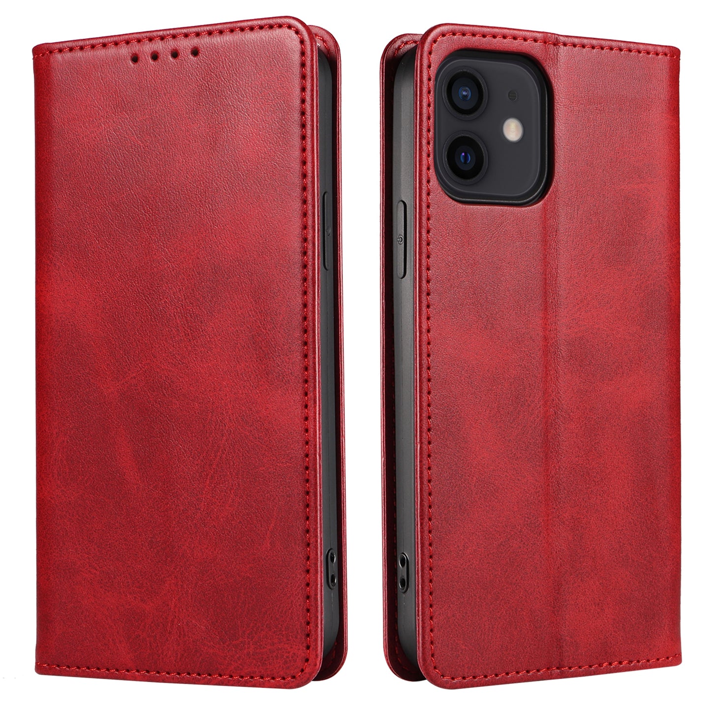 For iPhone 12 / 12 Pro 6.1 inch Anti-Scratch Phone Case Wallet Magnetic Leather Stand Calf Texture Phone Cover