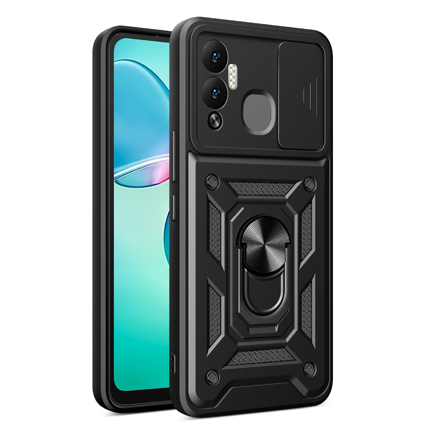 For Infinix Hot 12 Play 4G PC+TPU Anti-scratch Phone Case Kickstand with Sliding Camera Lens Protection Cover