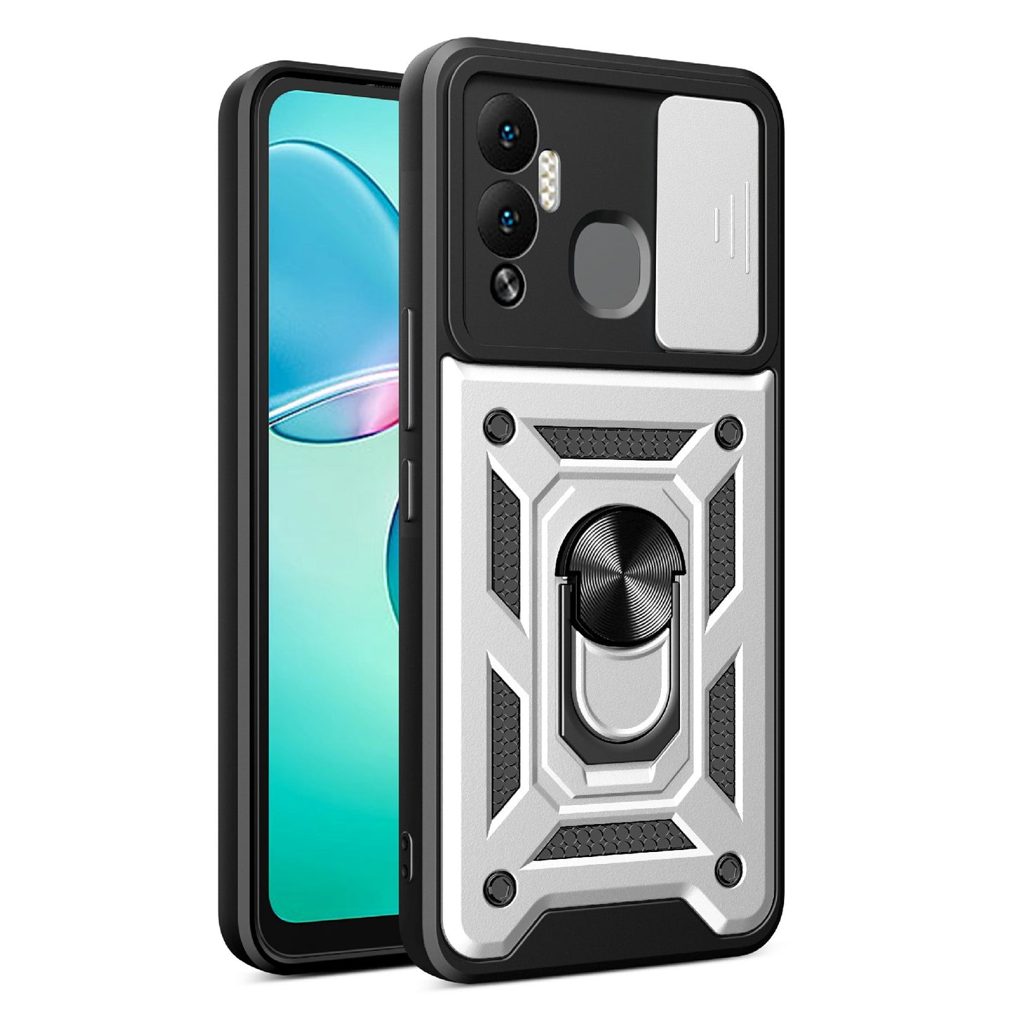 For Infinix Hot 12 Play 4G PC+TPU Anti-scratch Phone Case Kickstand with Sliding Camera Lens Protection Cover