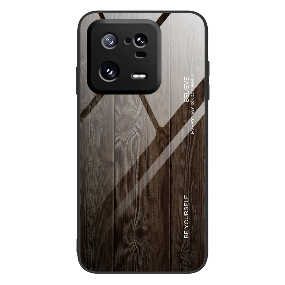For Xiaomi 13 Pro 5G Wooden Pattern Phone Case Tempered Glass + TPU Shockproof Phone Cover