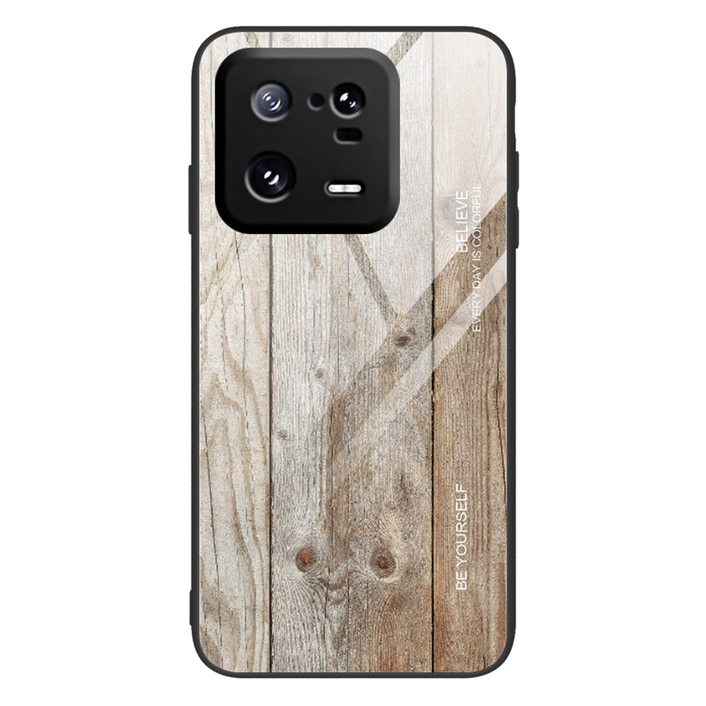 For Xiaomi 13 Pro 5G Wooden Pattern Phone Case Tempered Glass + TPU Shockproof Phone Cover