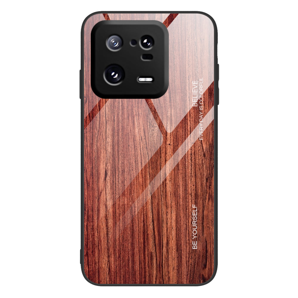 For Xiaomi 13 Pro 5G Wooden Pattern Phone Case Tempered Glass + TPU Shockproof Phone Cover