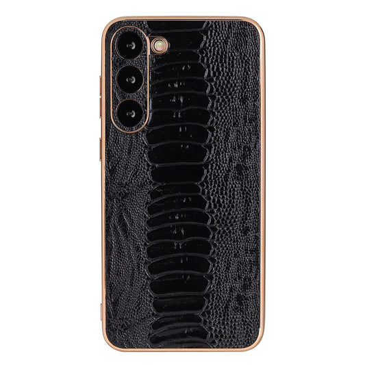 Back Case for Samsung Galaxy S23 Crocodile Texture Genuine Cow Leather Coated PC+TPU Electroplating Cover