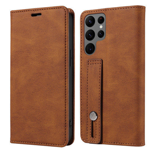 For Samsung Galaxy S23 Ultra Phone Cover Wristband Leather Phone Stand Case Wallet with Magnetic Closure