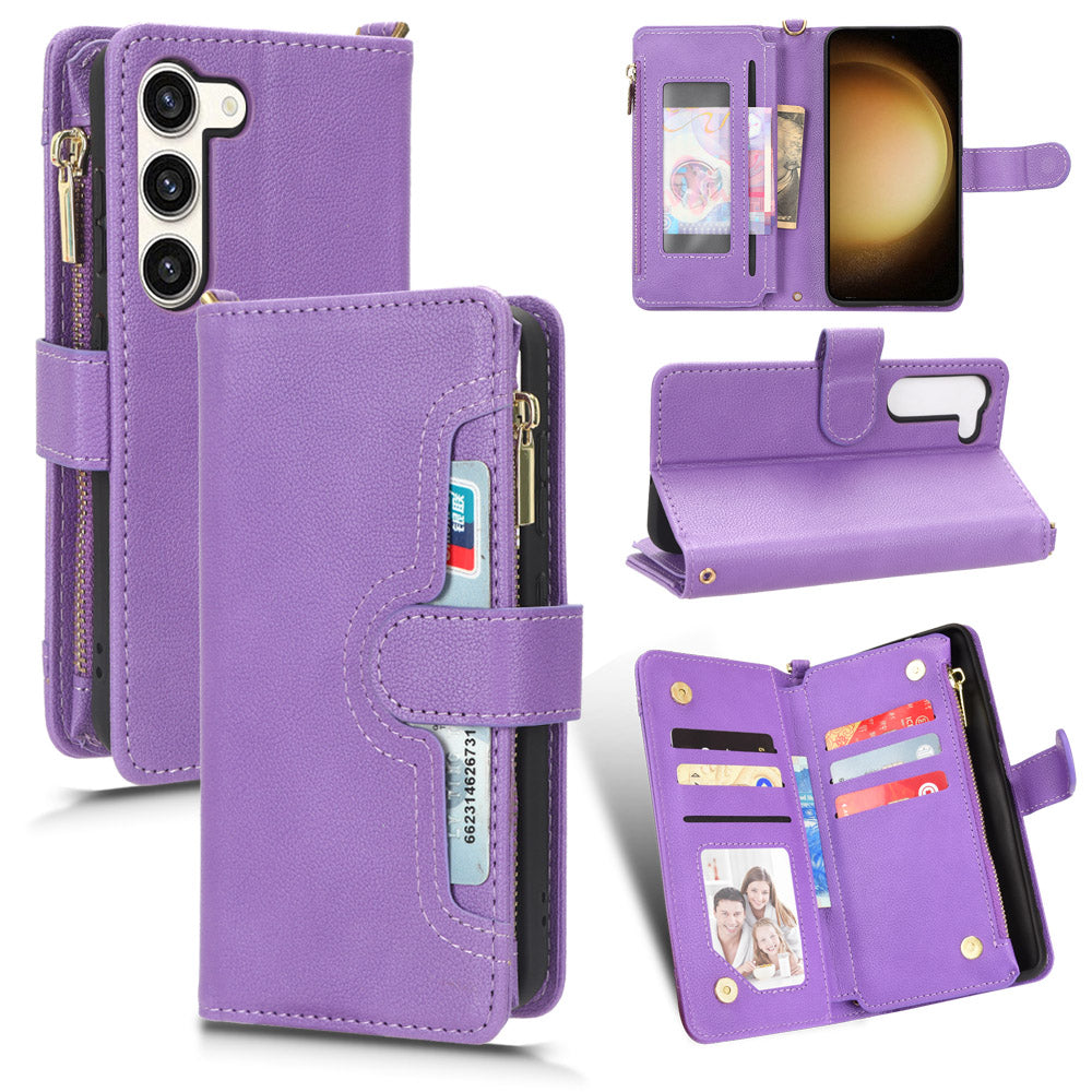 For Samsung Galaxy S23+ Anti-fall Wallet Zipper Pocket Phone Case Cellphone Cover with Strap