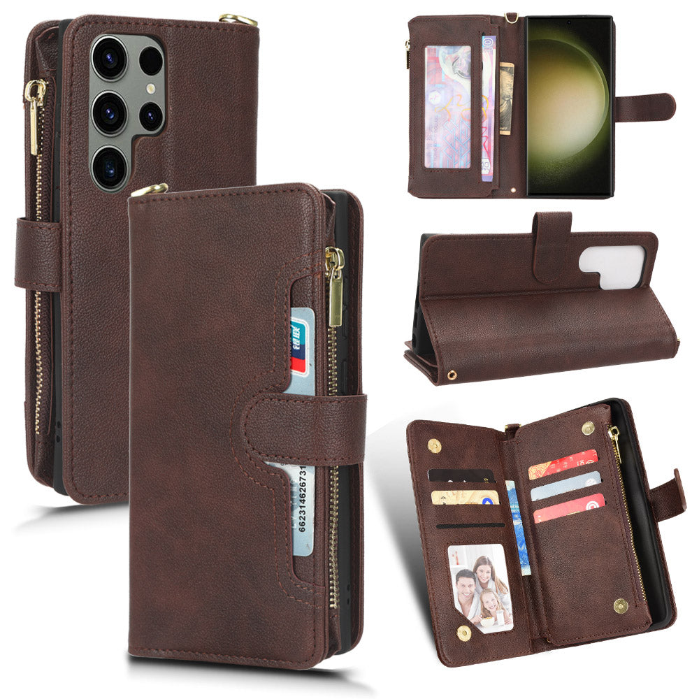 For Samsung Galaxy S23 Ultra Cellphone Cover, Wallet Zipper Pocket Phone Case with Strap