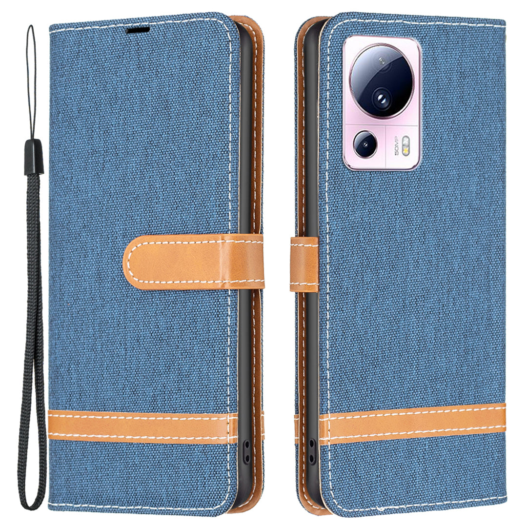 For Xiaomi 13 Lite / Civi 2 5G Jeans Cloth Splicing PU Leather Wallet Cover Anti-drop Flip Stand Phone Case