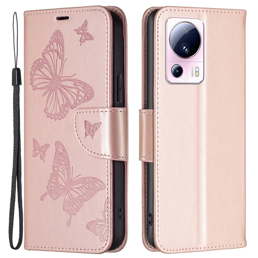 For Xiaomi 13 Lite / Civi 2 5G Phone Leather Case Wallet Stand Butterfly Imprinted Phone Cover with Strap