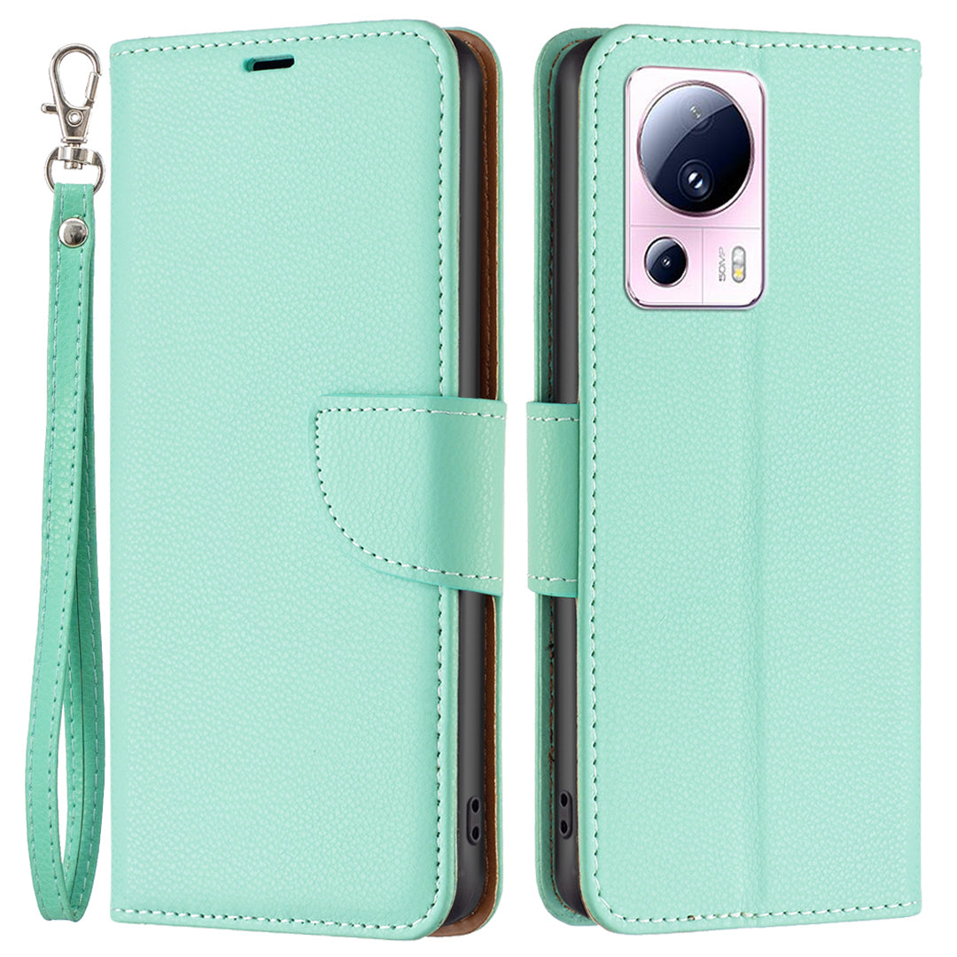 For Xiaomi 13 Lite / Civi 2 5G PU Leather Wallet Cover Litchi Texture Stand Phone Case with Strap