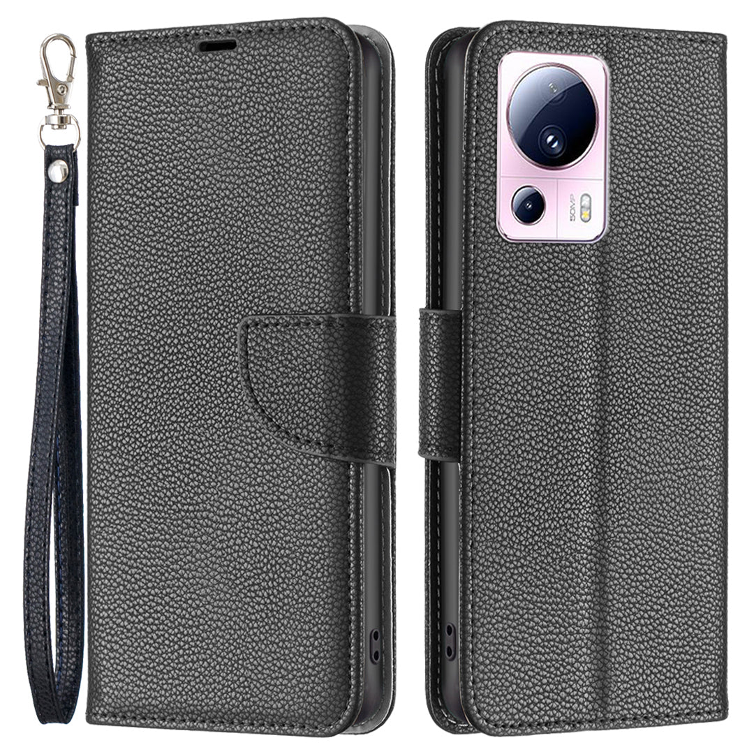 For Xiaomi 13 Lite / Civi 2 5G PU Leather Wallet Cover Litchi Texture Stand Phone Case with Strap