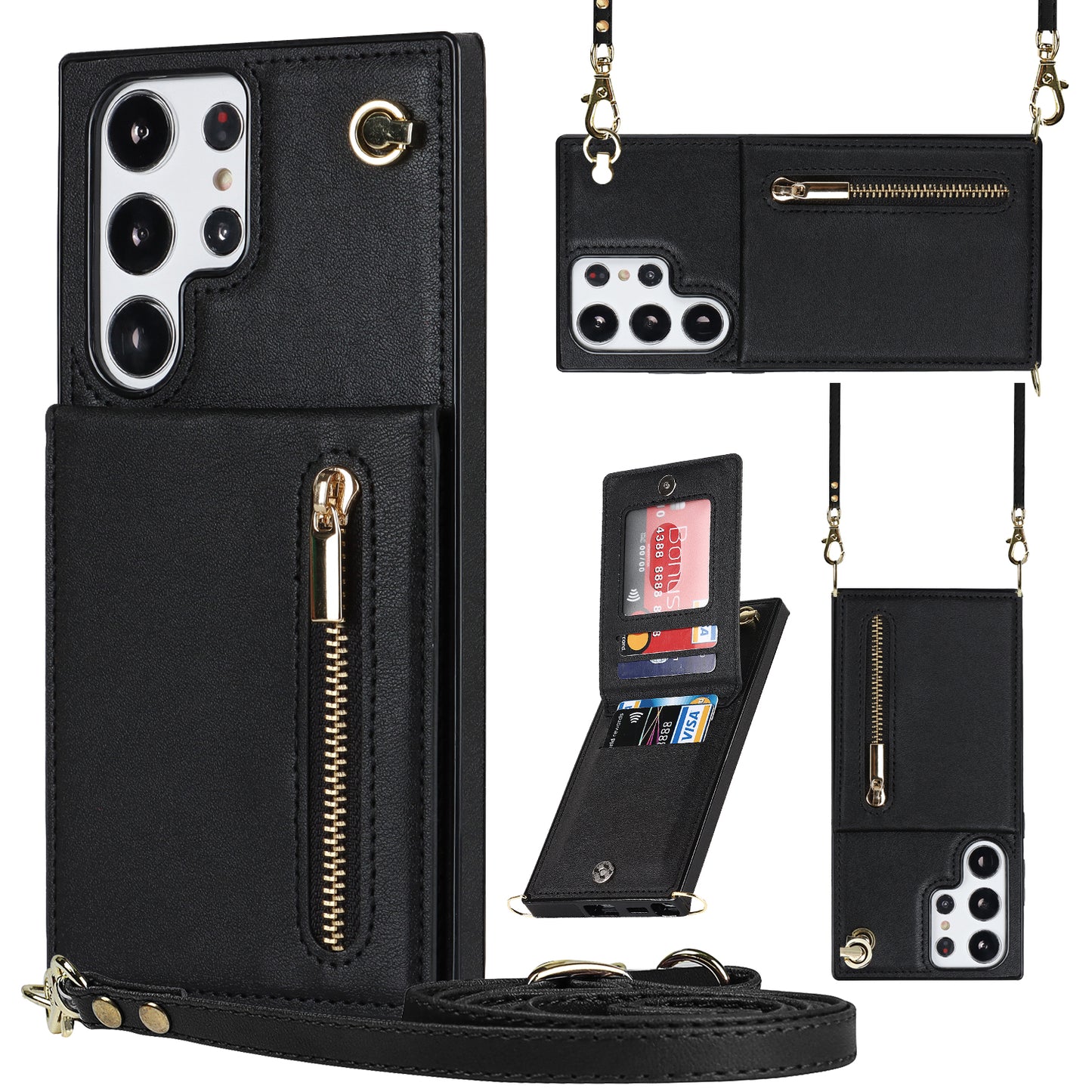 For Samsung Galaxy S23 Ultra Zipper Wallet Phone Case with Lanyard, Leather Coated TPU Phone Kickstand Cover