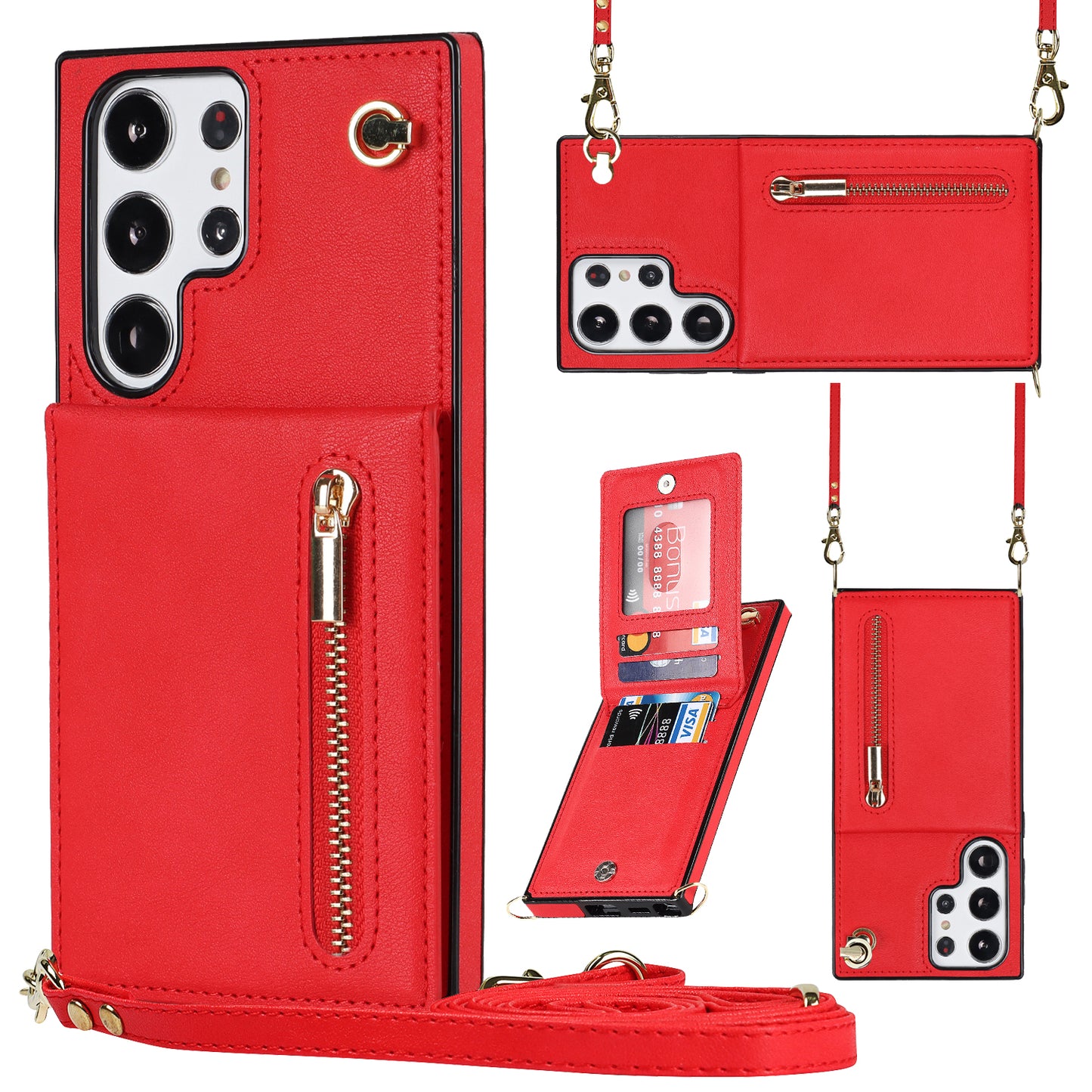 For Samsung Galaxy S23 Ultra Zipper Wallet Phone Case with Lanyard, Leather Coated TPU Phone Kickstand Cover