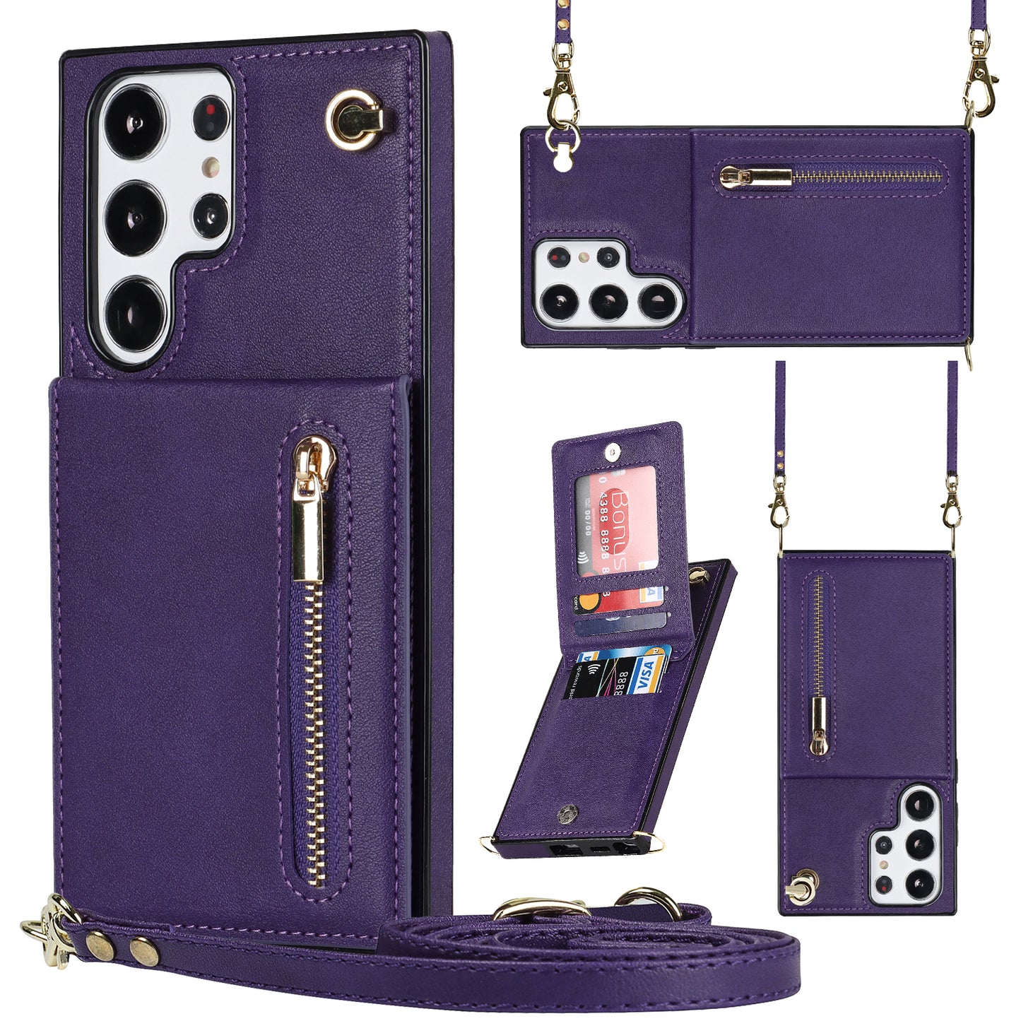 For Samsung Galaxy S23 Ultra Zipper Wallet Phone Case with Lanyard, Leather Coated TPU Phone Kickstand Cover