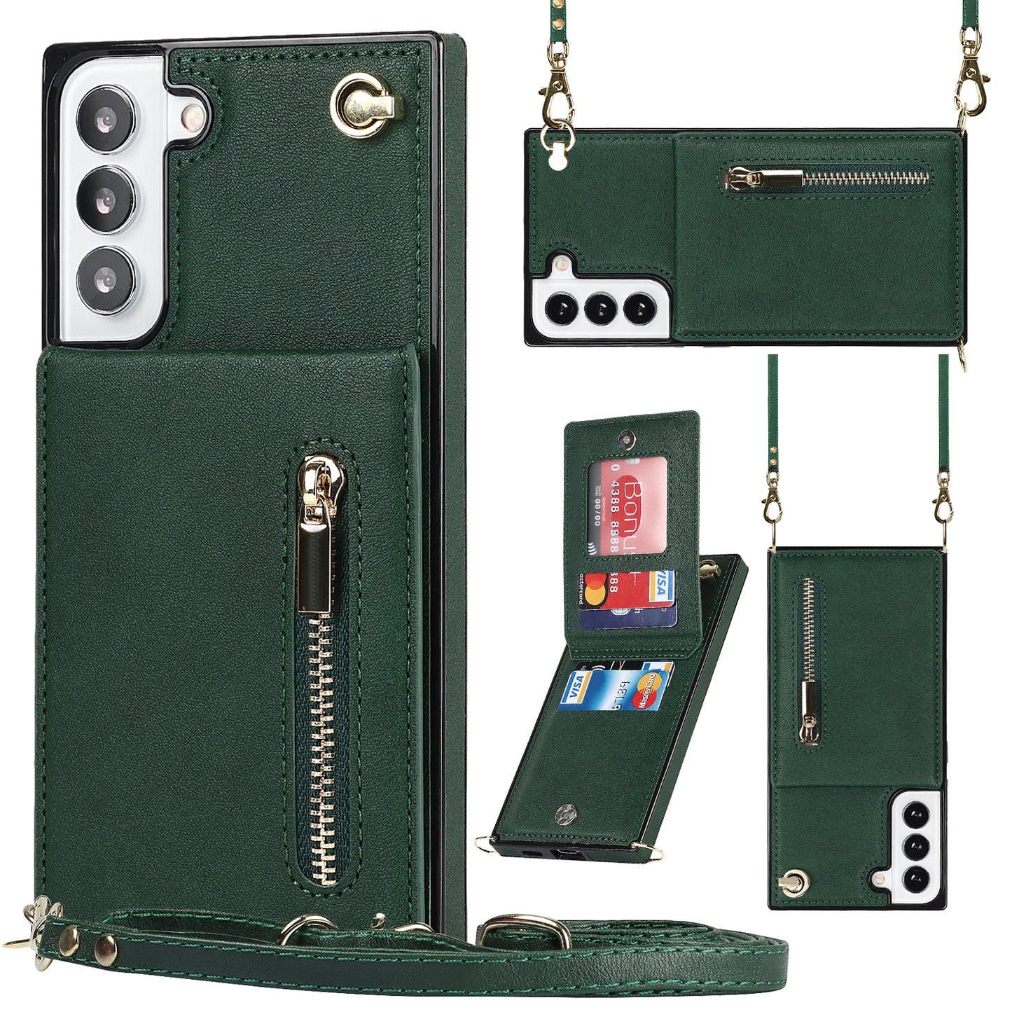 For Samsung Galaxy S22 5G Phone Cover Kickstand Zipper Wallet Leather Coated TPU Case with Shoulder Strap