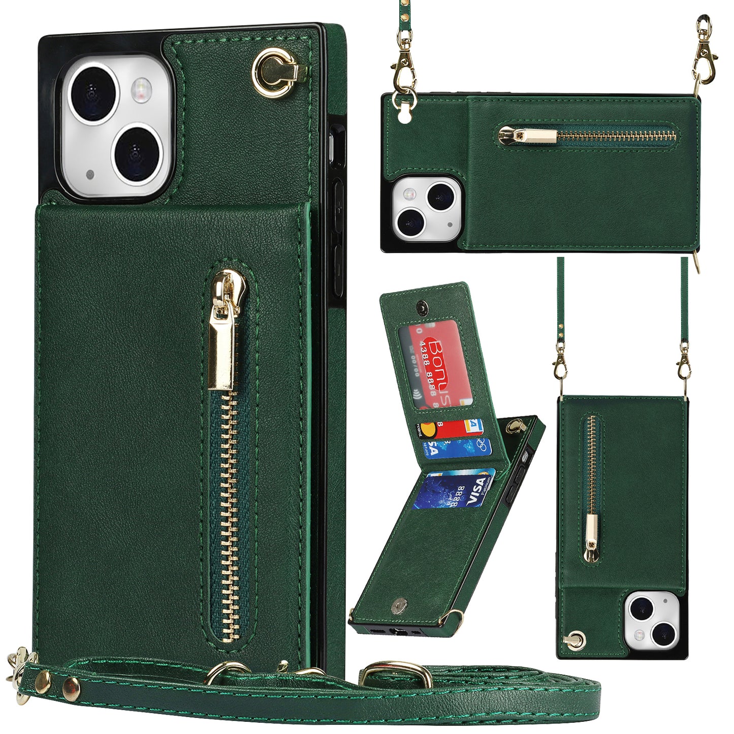 Kickstand Phone Cover for iPhone 14 Plus Leather Coated TPU Zipper Wallet Phone Case with Shoulder Strap
