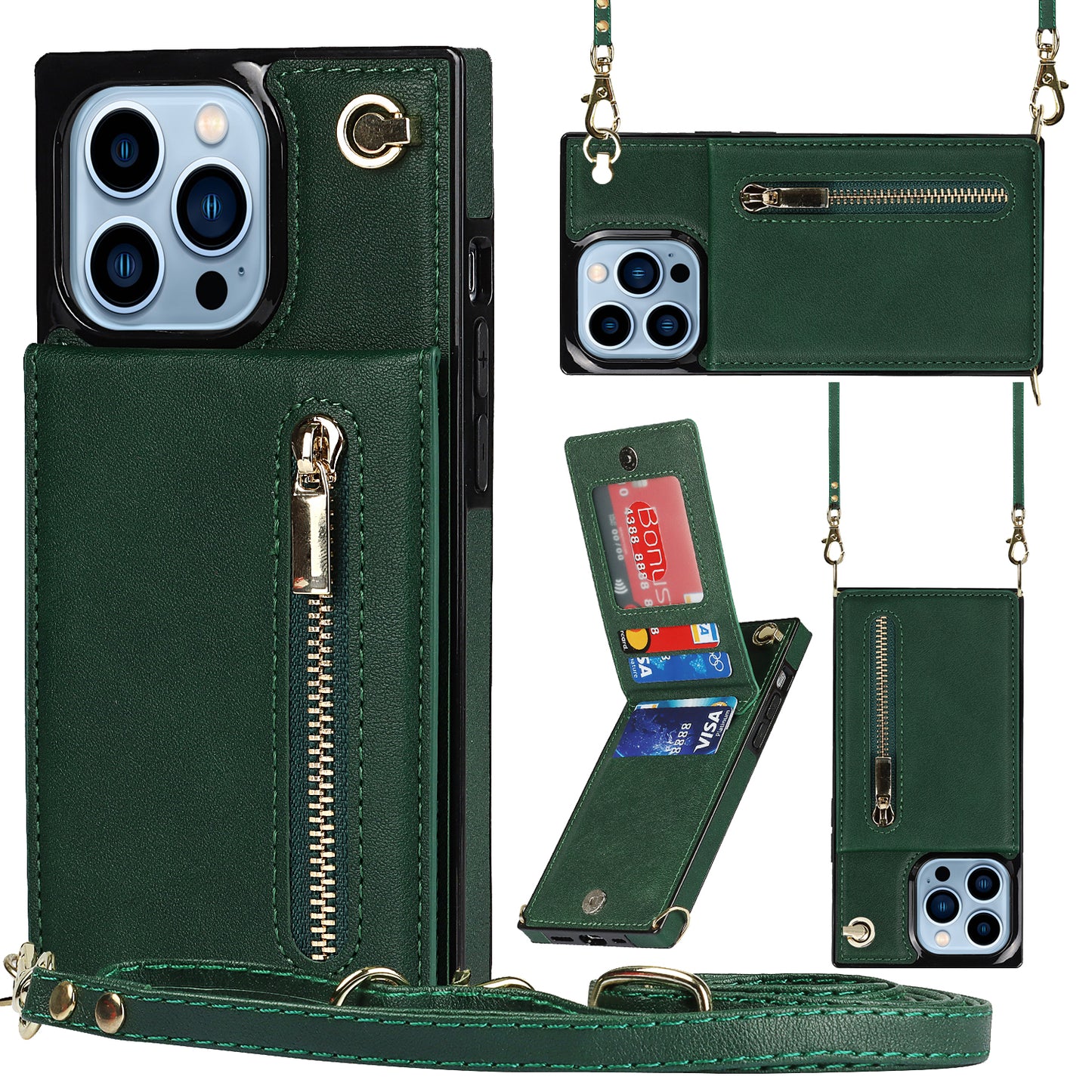 For iPhone 14 Pro Kickstand Phone Case Zipper Wallet Leather+TPU Cover with Shoulder Strap