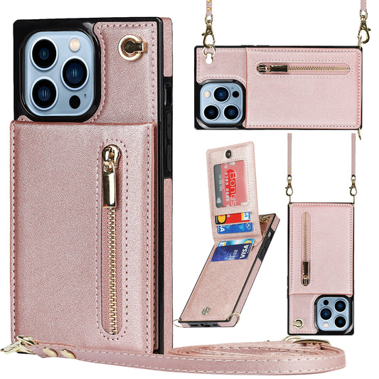 For iPhone 14 Pro Max Zipper Wallet Kickstand Phone Cover Leather Coated TPU Case with Shoulder Strap