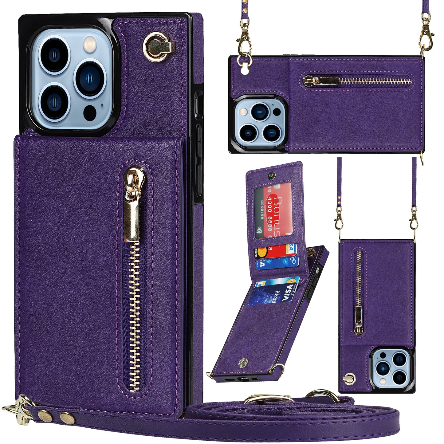 For iPhone 14 Pro Max Zipper Wallet Kickstand Phone Cover Leather Coated TPU Case with Shoulder Strap