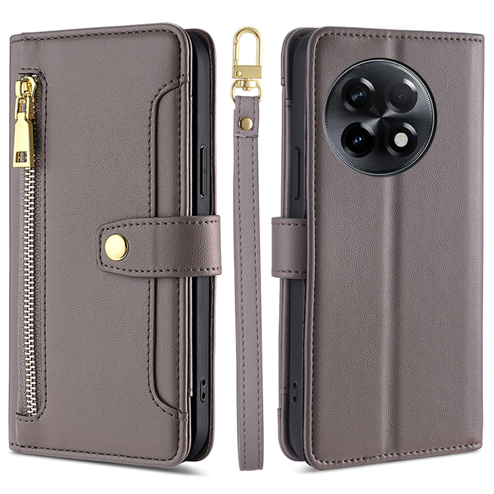 For OnePlus Ace 2 5G / 11R 5G Wallet Phone Case PU Leather Card Slots Zipper Pocket Stand Cover with Straps