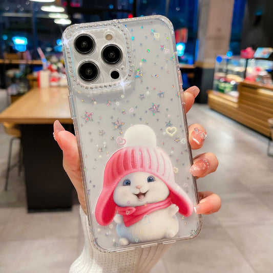 Cute Rabbit TPU Case for iPhone 14 Pro Max Anti-Drop Phone Cover Rhinestones Decorated Slim Case