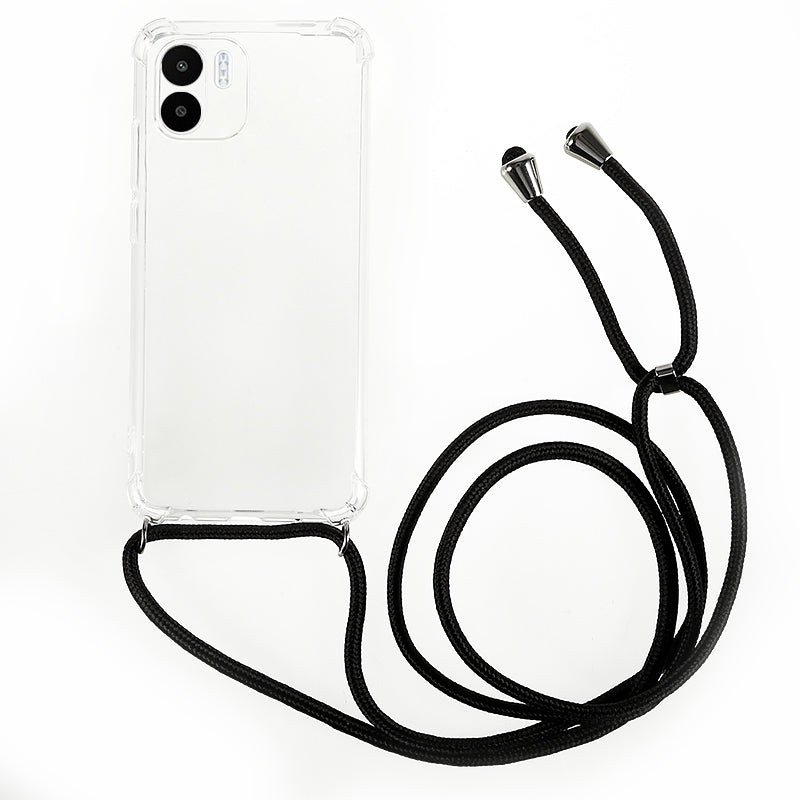 For Xiaomi Redmi A1 4G / A2 4G Transparent TPU Phone Case Four Corner Airbag Protection Back Cover with Lanyard