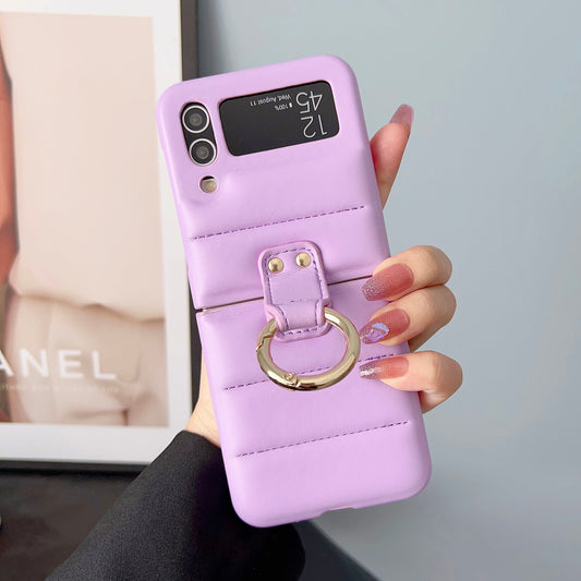 For Samsung Galaxy Z Flip4 5G Ring Kickstand Folding Phone Case Down Jacket Design Leather Coated PC Cover