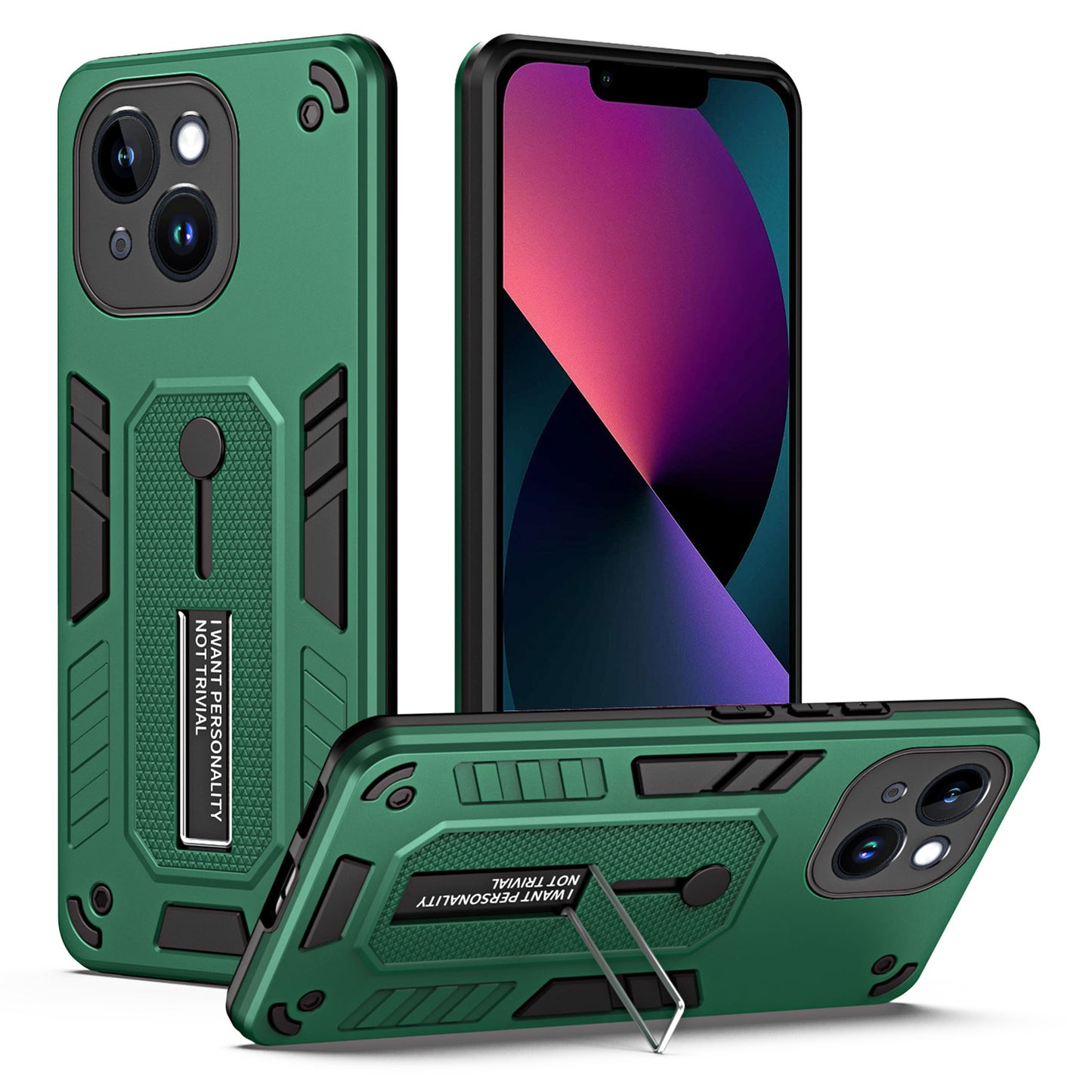 For iPhone 13 6.1 inch Kickstand Phone Case Finger Grip Strap PC + TPU Shockproof Cover