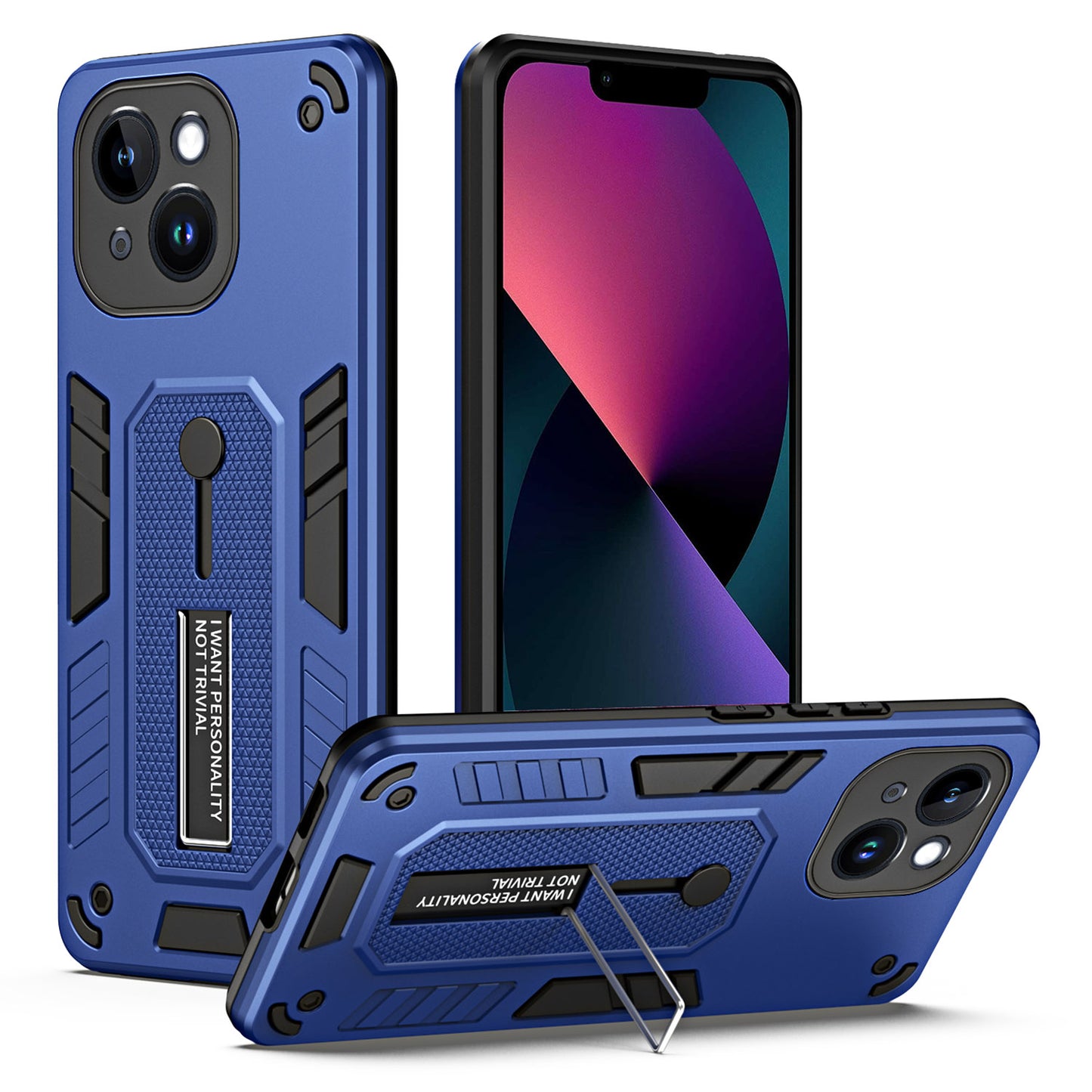 For iPhone 13 6.1 inch Kickstand Phone Case Finger Grip Strap PC + TPU Shockproof Cover