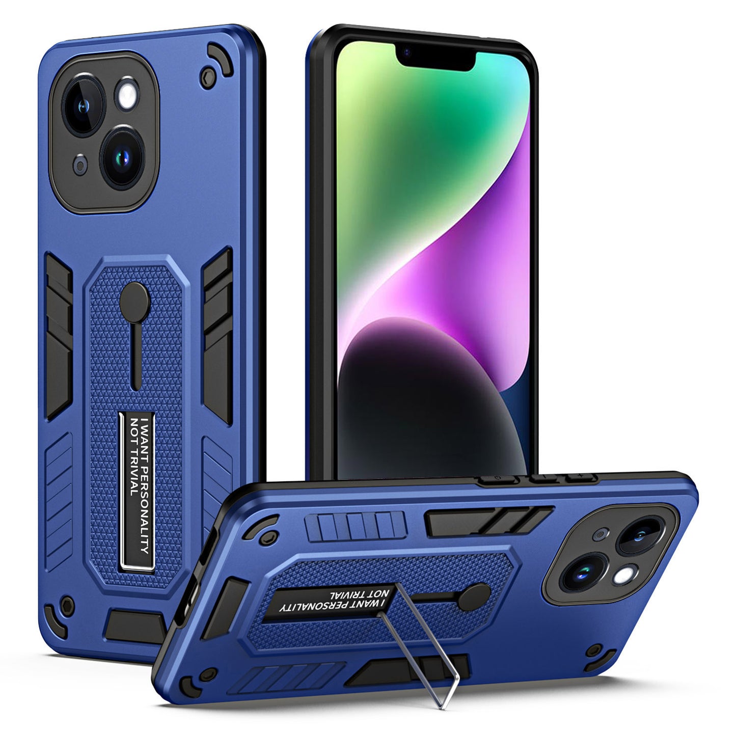 Kickstand Phone Case for iPhone 14 Plus , TPU + PC Non-Slip Finger Strap Protective Cover