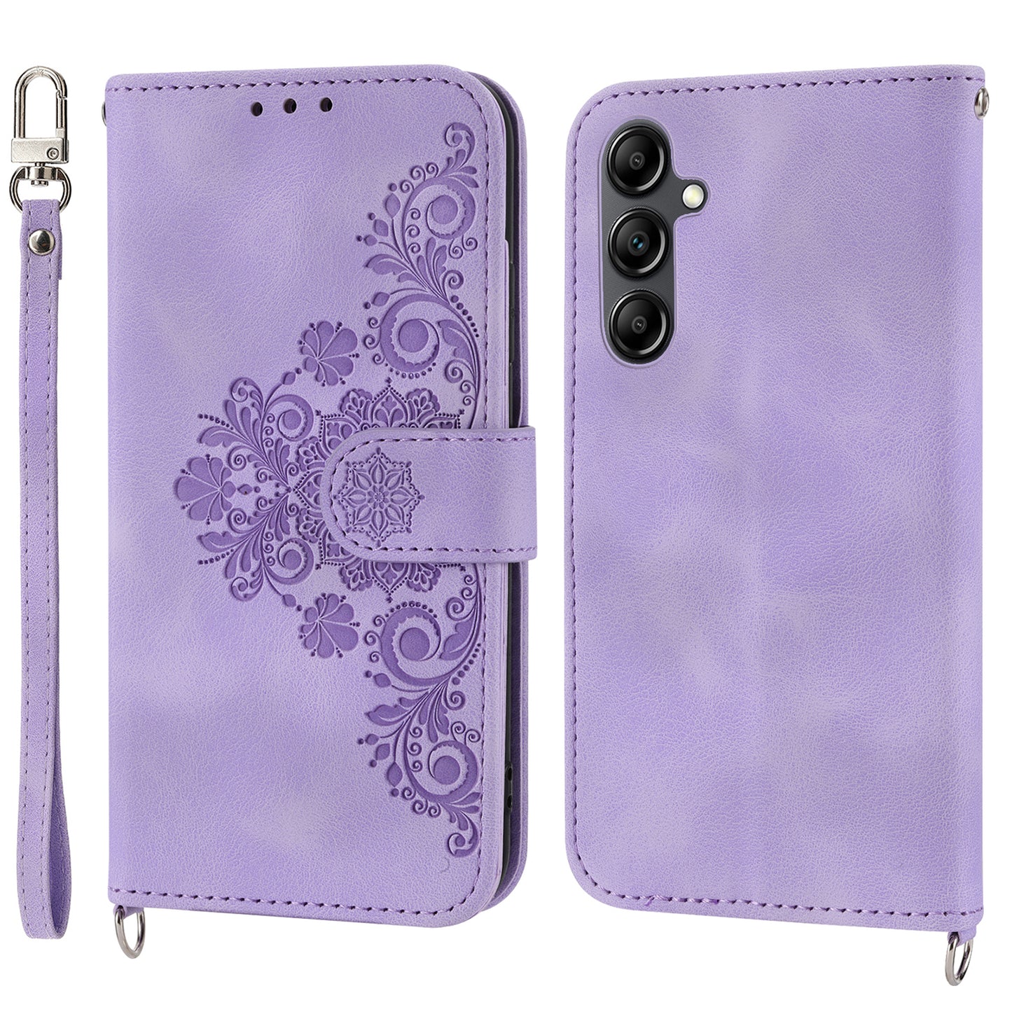 Leather Phone Case for Samsung Galaxy A34 5G Wallet Stand Imprinted Flower Skin-touch Cover with Strap