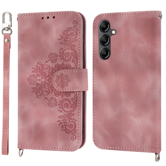 Leather Phone Case for Samsung Galaxy A34 5G Wallet Stand Imprinted Flower Skin-touch Cover with Strap